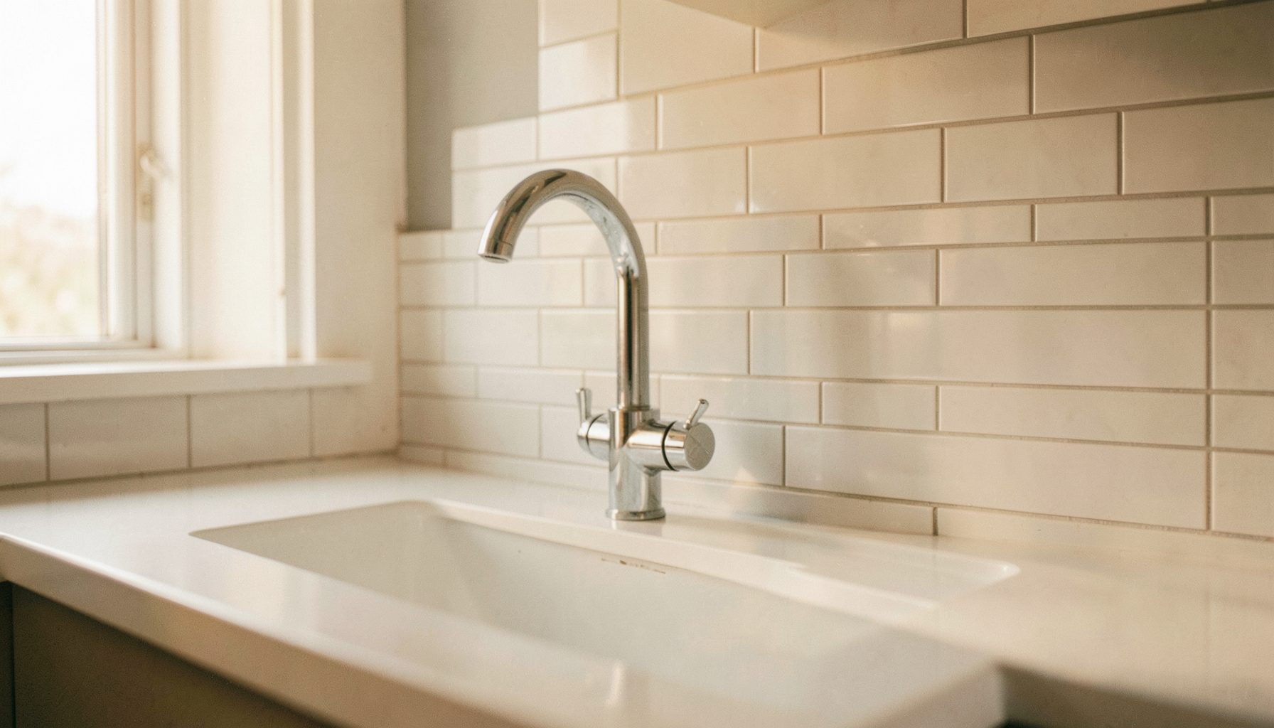 A clean modern kitchen sink area with newly installed chrome faucet and white subway tile backsplash, bright natural light